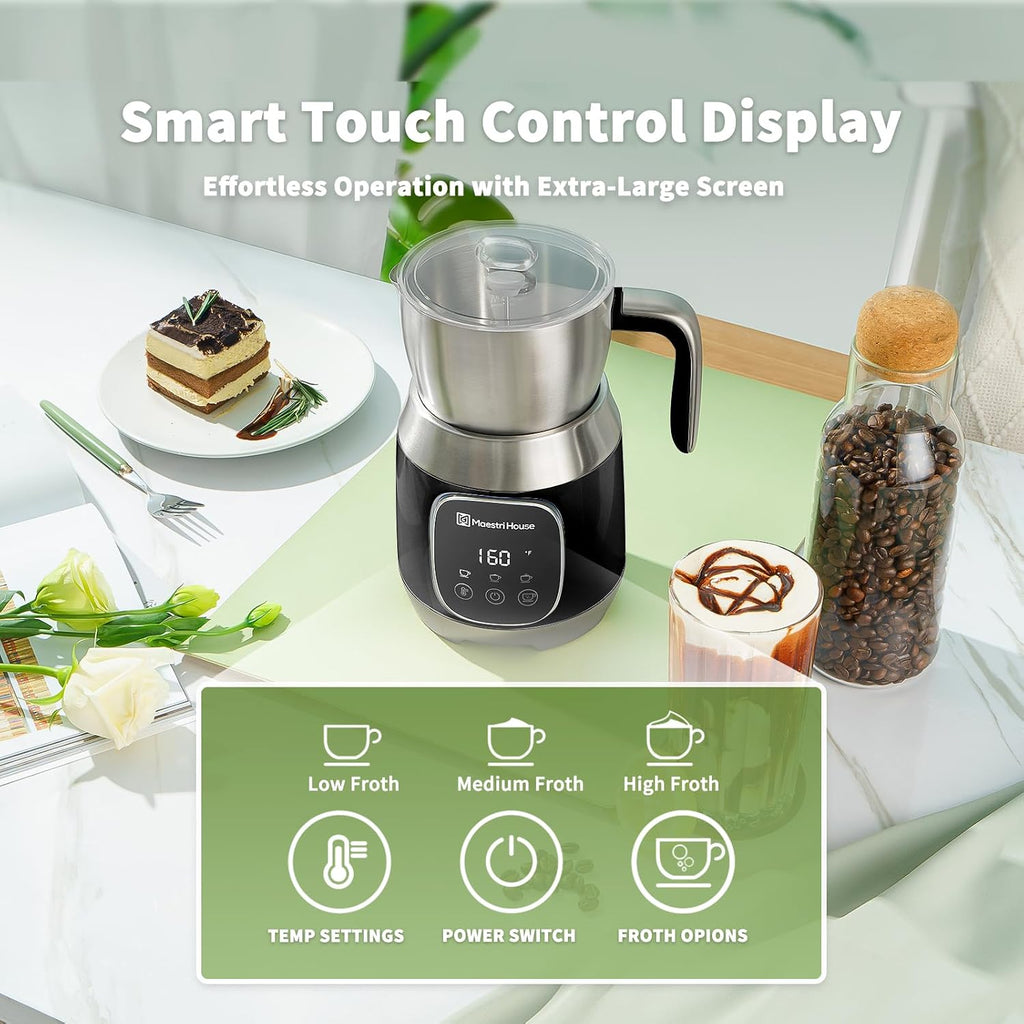Maestri House Espumador de Leche, Temperatura Variable y Grosor de Espuma DualFro 600 Espumador de Leche Vaporizador, Calentador de Leche con Control Táctil Inteligente de 21OZ, Apto para Lavavajillas