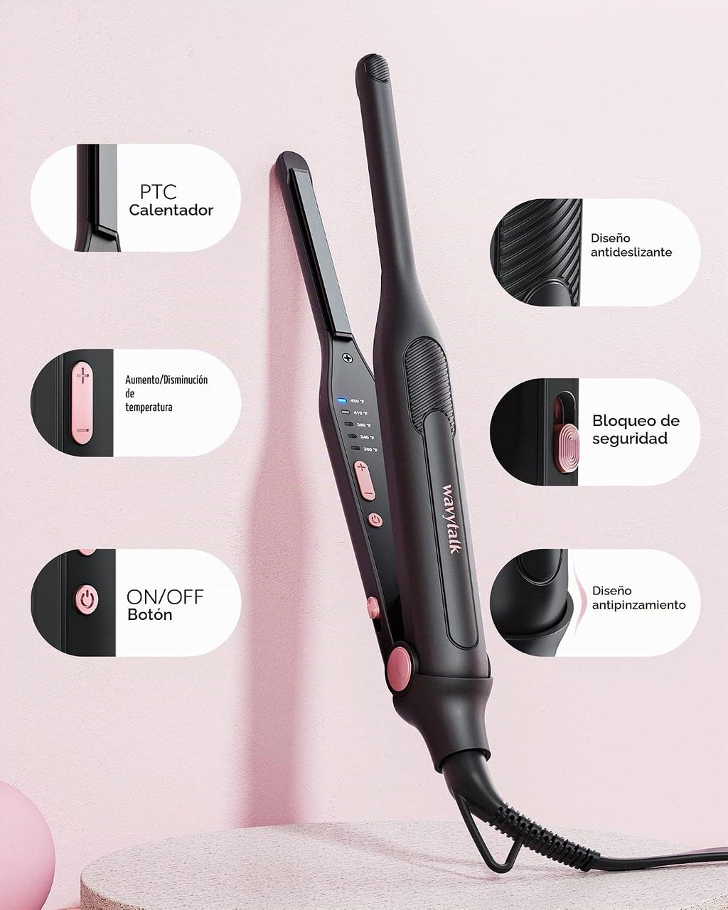 Wavytalk 3/10" lápiz plancha plana oro rosa y soplado secador de pelo ónico oro rosa