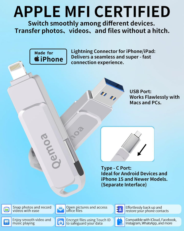 Memoria USB de 512 GB con certificación MFi para iPhone, almacenami...