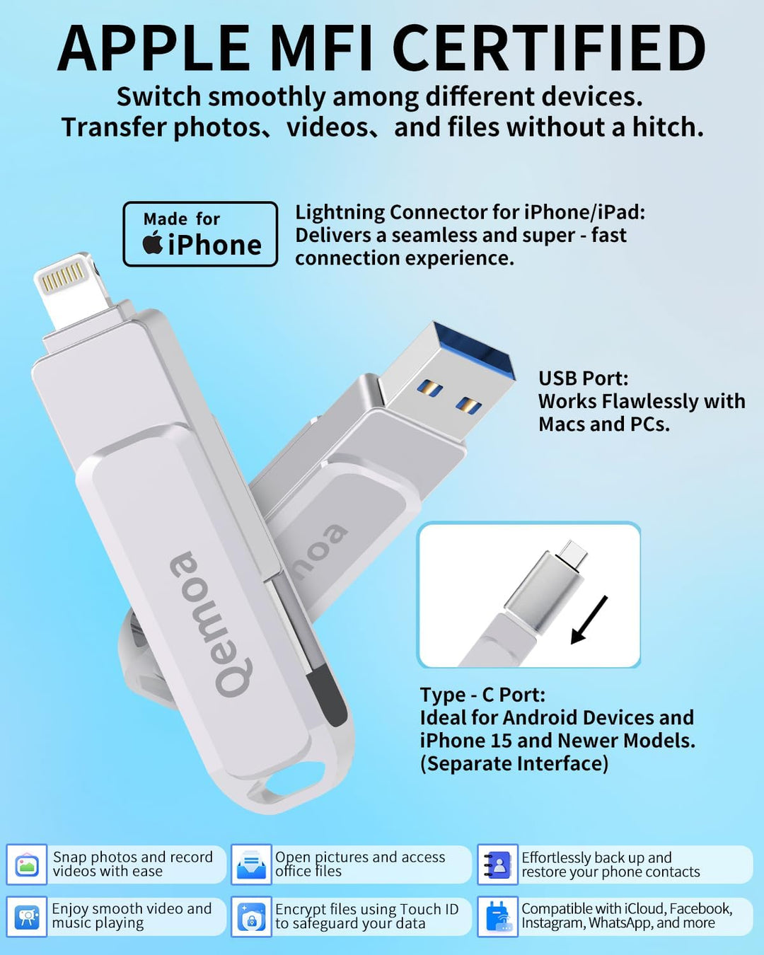Memoria externa de 256 GB con certificación MFi para iPhone, almace...