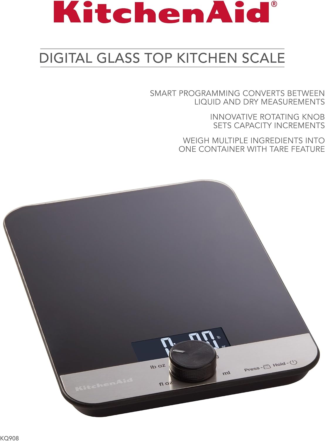 KitchenAid KQ908 - Báscula digital de cocina y alimentos con superficie de vidrio, capacidad de 11 libras, para alimentos y gramos, ingredientes secos y líquidos, color negro