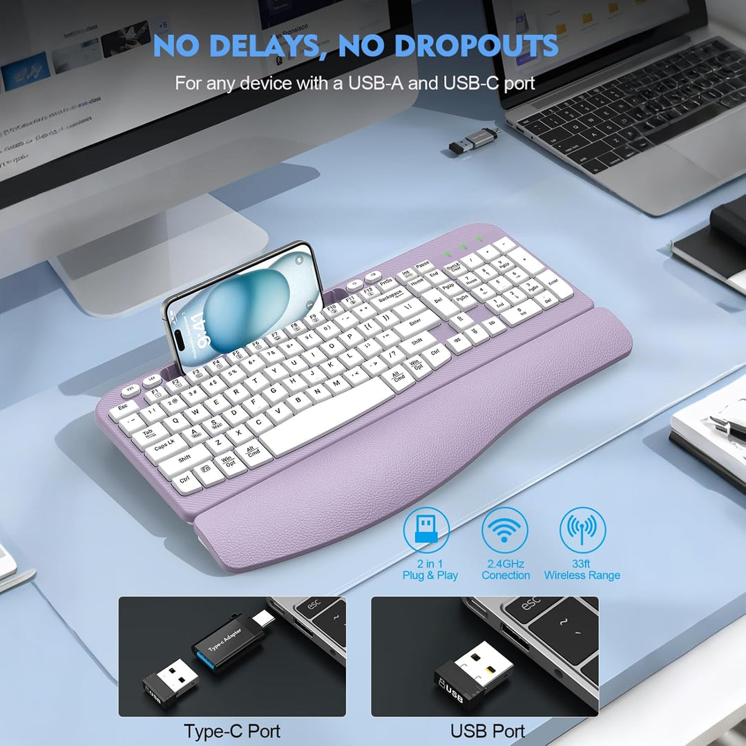 Teclado inalámbrico ergonómico con reposamuñecas acolchado, teclas...