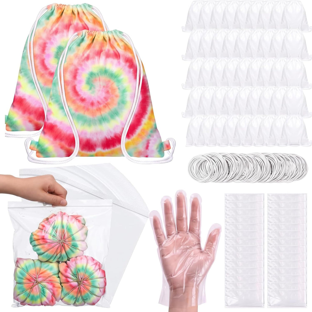 Acellegic 60 bolsas blancas con cordón de algodón teñido anudado con 60 pares de guantes, 60 bolsas sellables y 200 bandas de goma, kit de mochilas de lona en blanco con cordón para regalos de fiesta