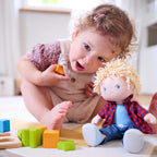 HABA Nick - Muñeco suave de 12 pulgadas, muñeco de bebé con cabello rubio y ojos azules (lavable a máquina), juguete de peluche perfecto para 18 meses en adelante