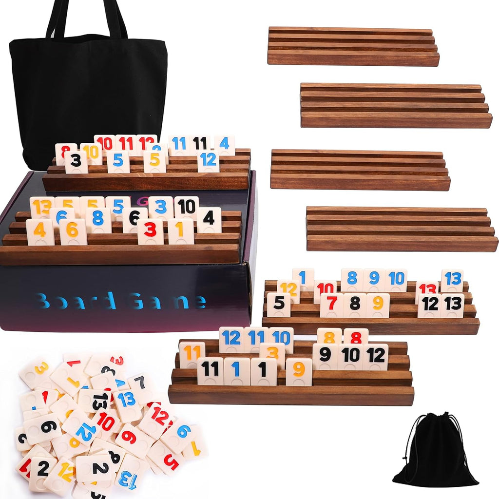 Rummy Cube - Juego original de cubo Rummy para 6 a 8 jugadores con 212 azulejos y 8 estantes de madera, juegos de mesa clásicos para familia y fiestas