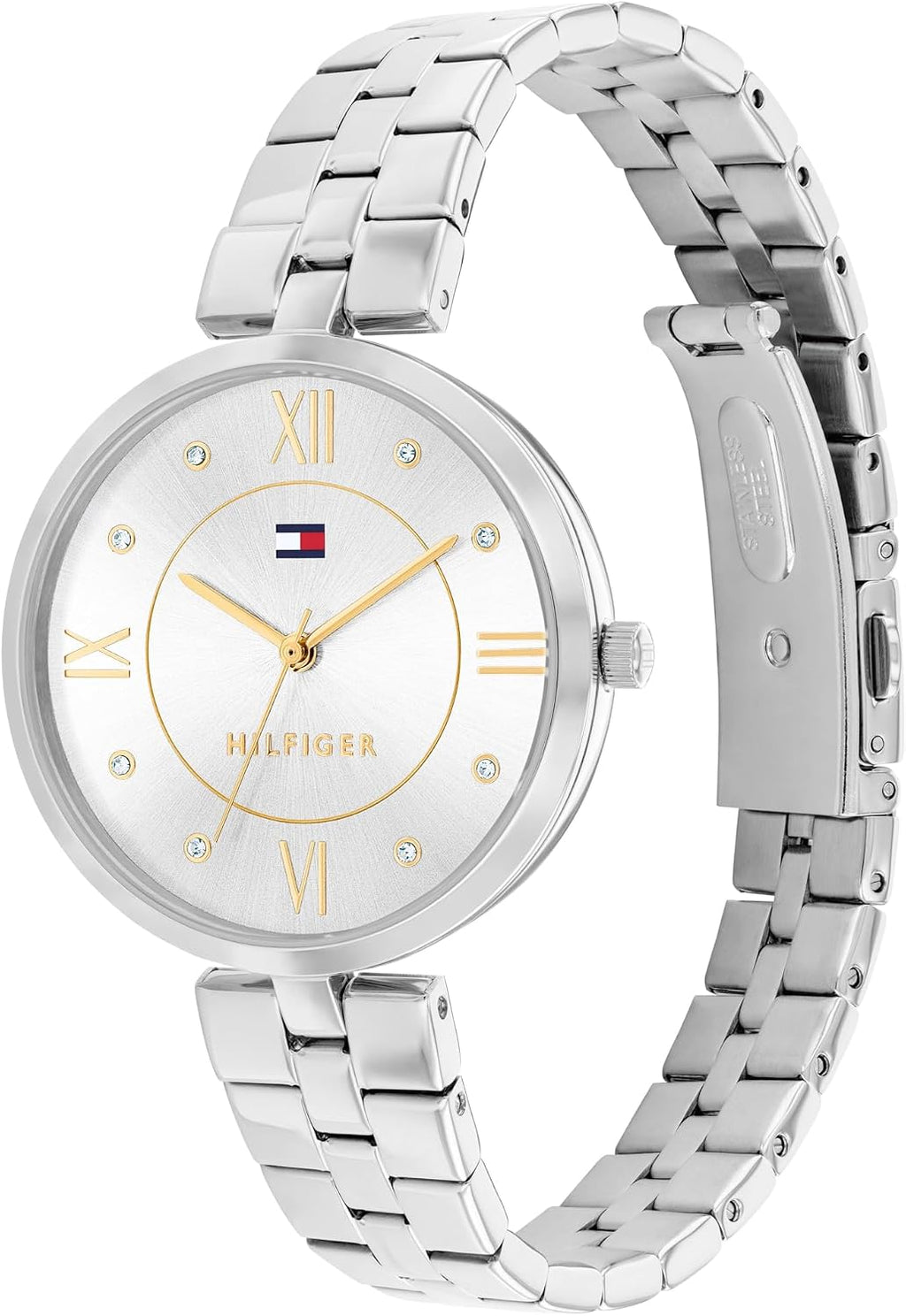 Tommy Hilfiger Reloj para Mujer – Movimiento de cuarzo de 34 mm, caja de acero inoxidable y brazalete de eslabones delgados, esfera con recortes en diamante, números romanos y acentos de cristal – Reloj de vestir elegante