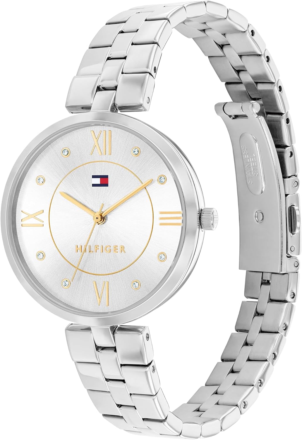 Tommy Hilfiger Reloj para Mujer – Movimiento de cuarzo de 34 mm, caja de acero inoxidable y brazalete de eslabones delgados, esfera con recortes en diamante, números romanos y acentos de cristal – Reloj de vestir elegante