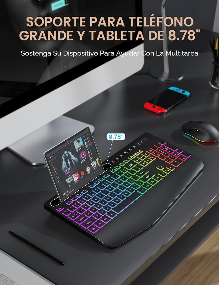 Combo de teclado y mouse inalámbricos, 9 efectos retroiluminados, R...