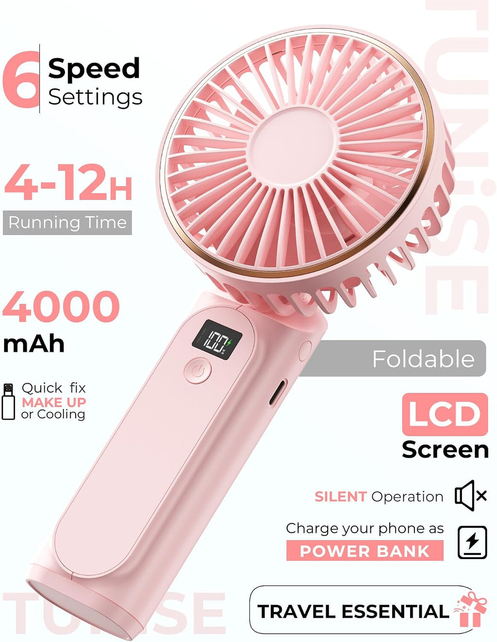 TUNISE Ventilador de Mano Portátil, 4000mAh, 180 Ajustable, 6 Veloc...