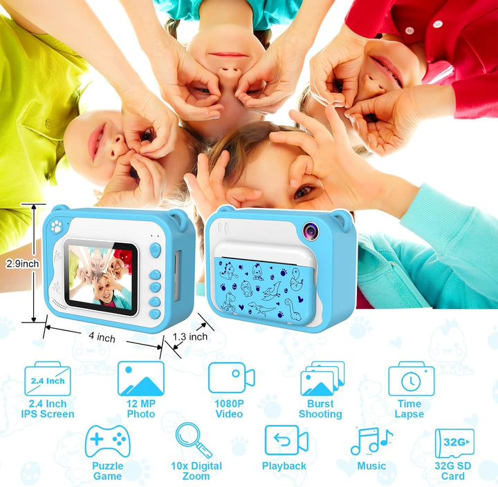 Cámara para niños con impresión instantánea, video de 1080P, tarjet...