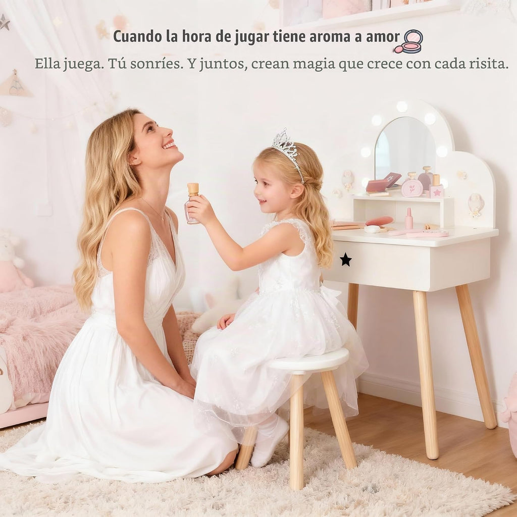 Juego de tocador infantil para niñas pequeñas con botón táctil de 3 colores iluminado espejo