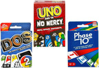 Mattel Juego de cartas Uno No Mercy, Dos y Phase 10, paquete combinado de 3
