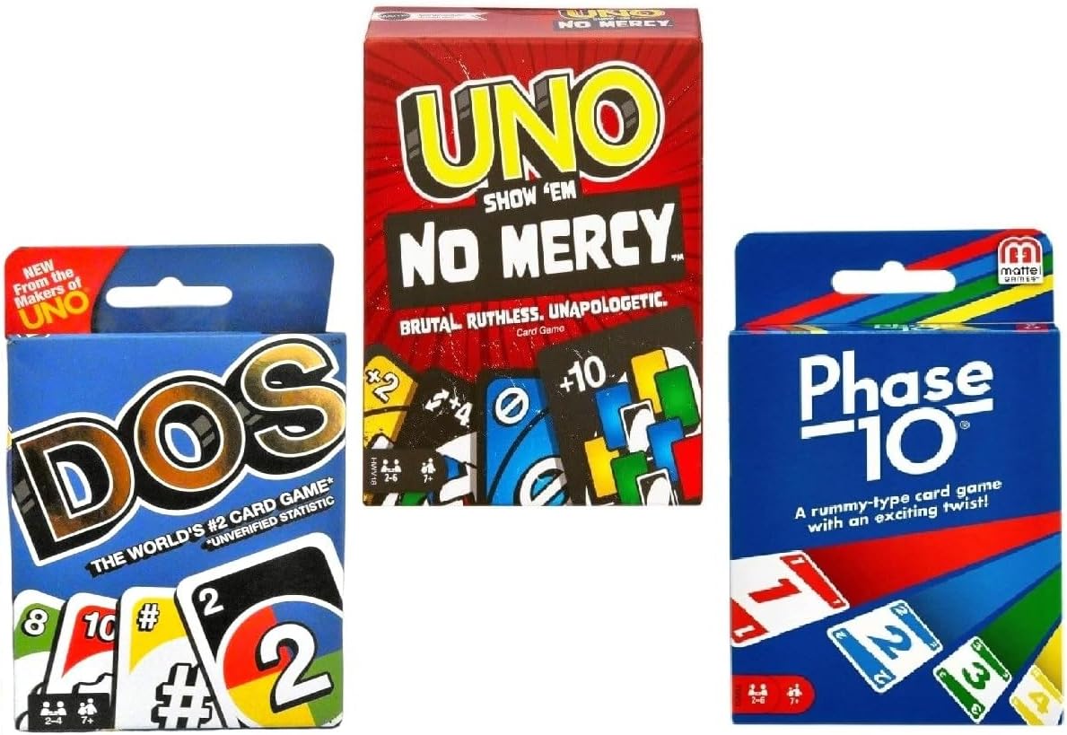 Mattel Juego de cartas Uno No Mercy, Dos y Phase 10, paquete combinado de 3