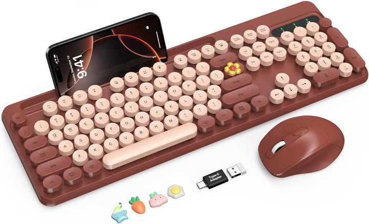 Combo de teclado y mouse inalámbricos, teclas redondas retro, tecla...