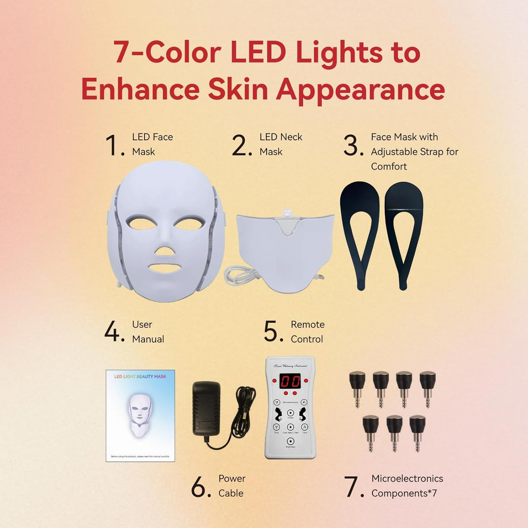 BeaRay Terapia de luz con máscara facial LED, 7 colores para vitali...