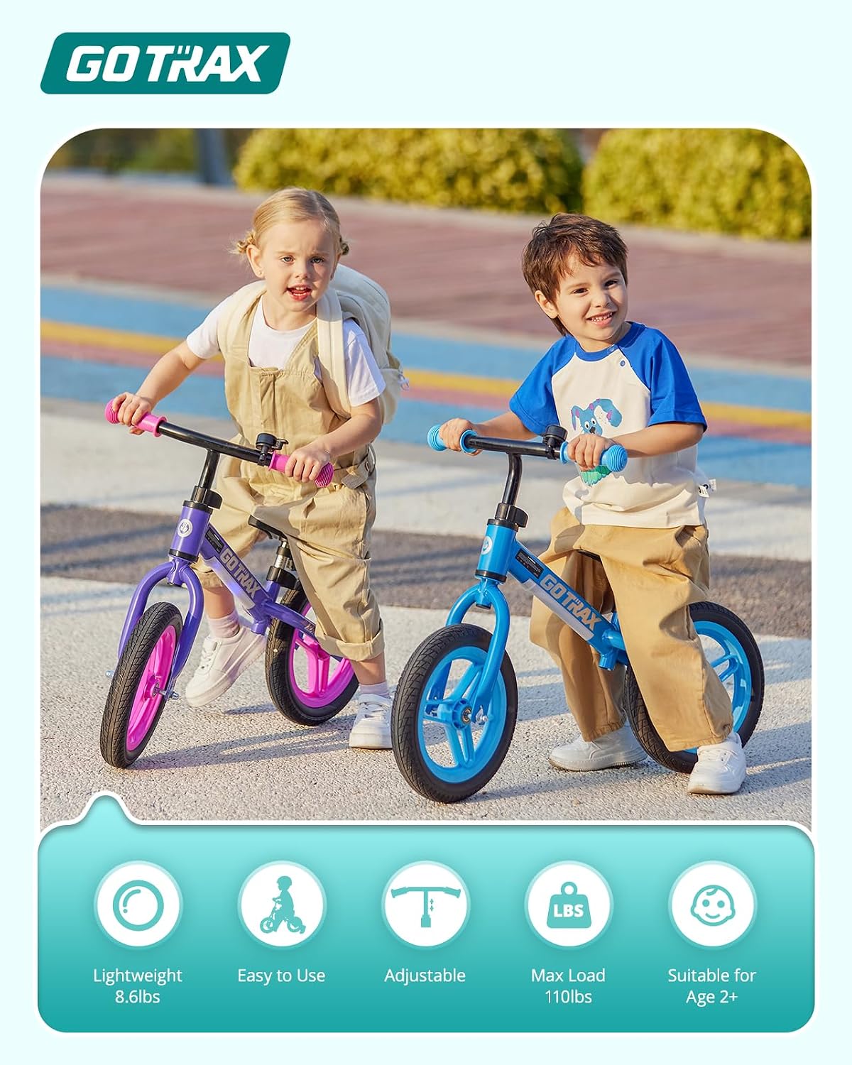 Gotrax KS12 Bicicleta de equilibrio para niños de 2 a 5 años, bicicleta de empuje de 12 pulgadas con luz LED, asiento y manubrio ajustables, neumáticos libres y fácil montaje, bicicleta para niños