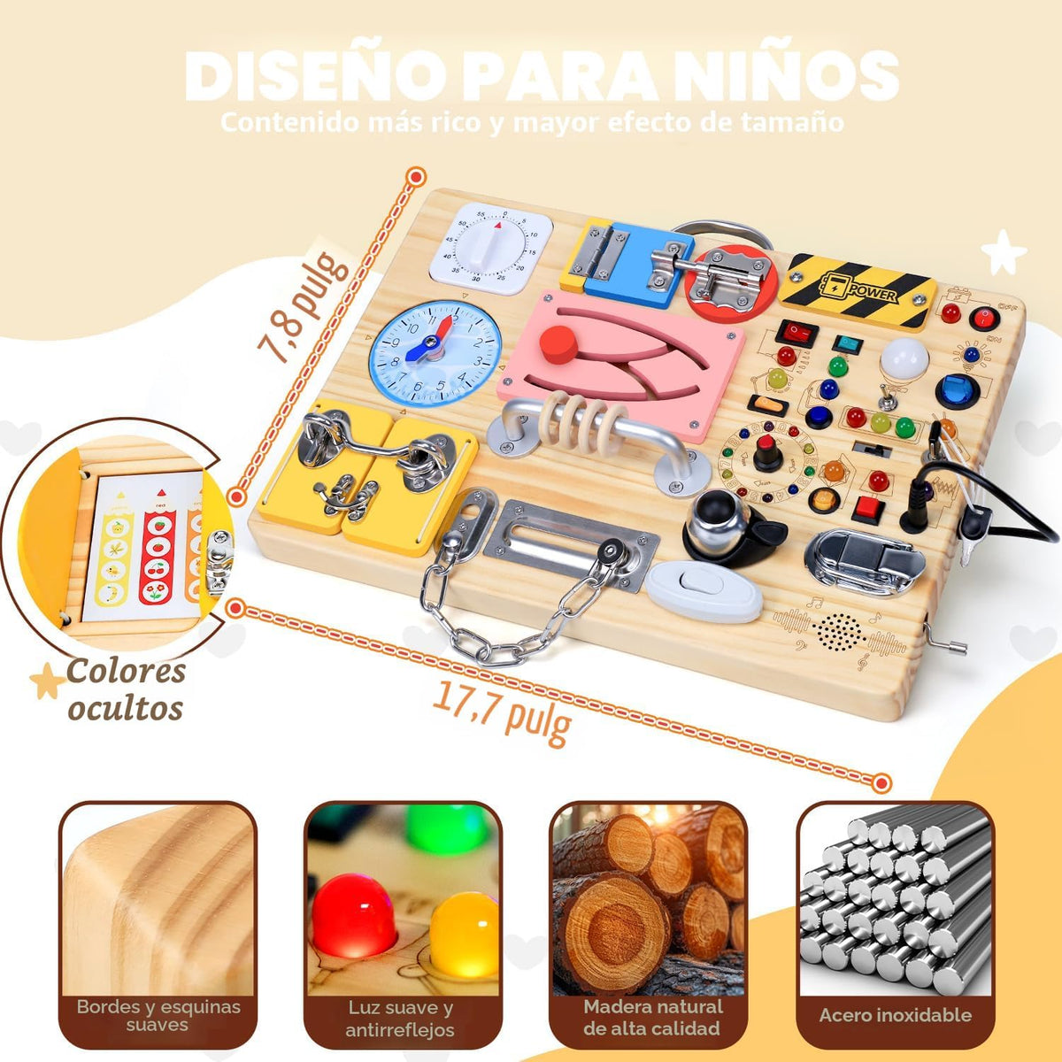 Tablero de actividades con 13 interruptores de luz LED y 12 actividades, juguetes Montessori para niños pequeños, tablero de actividades sensoriales de juguete de madera, juguetes de viaje para niños