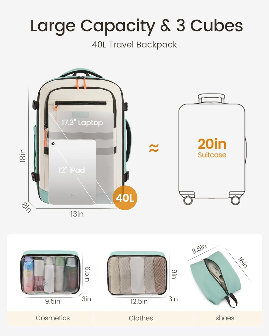 LOVEVOOK Mochila de viaje de 40L para mujeres y hombres, mochila de...
