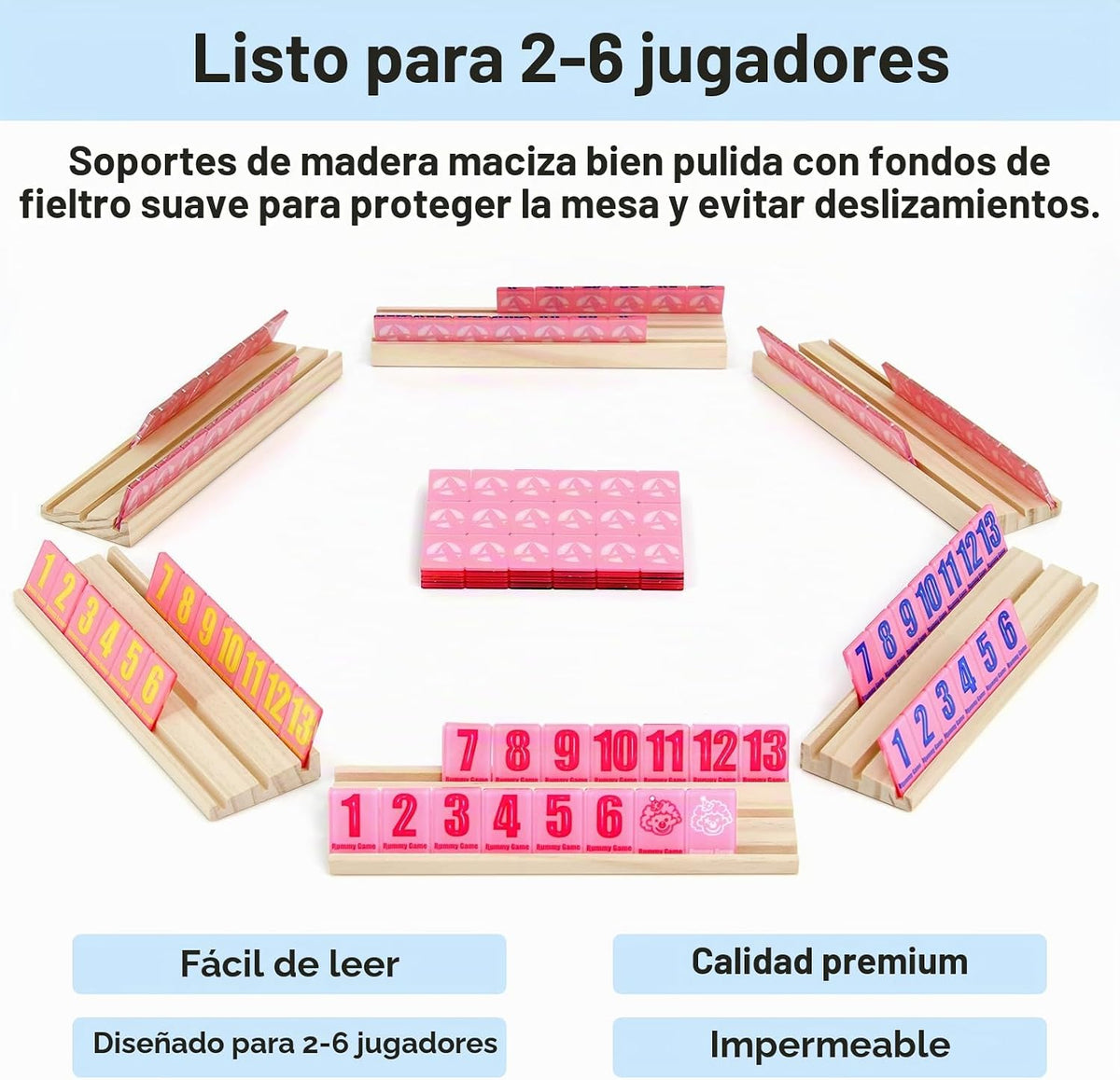 Rummy Cube Edición para 6 jugadores con 6 estantes de madera, 160