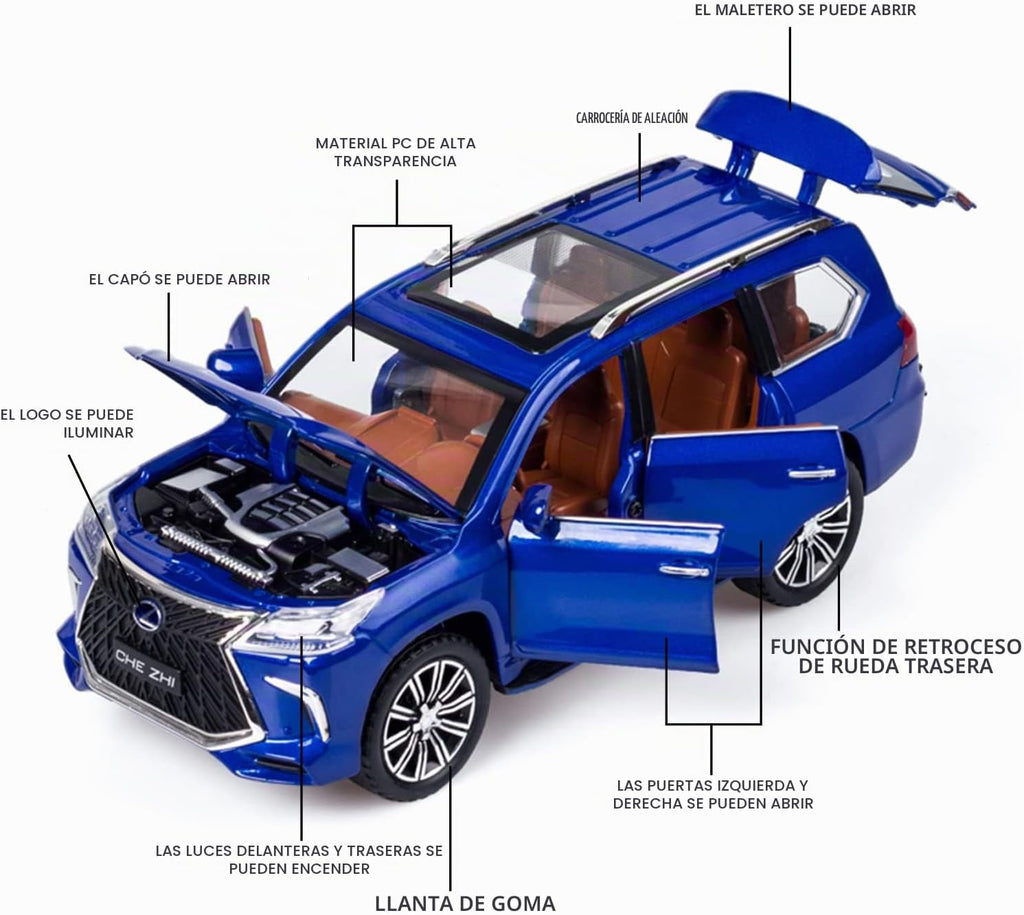 Modelo de auto fundido a presión escala 1/24 – Coche de juguete de aleación de zinc con retroceso con sonido y luz, vehículo de juguetes coleccionables para adultos y niños y niñas (azul)
