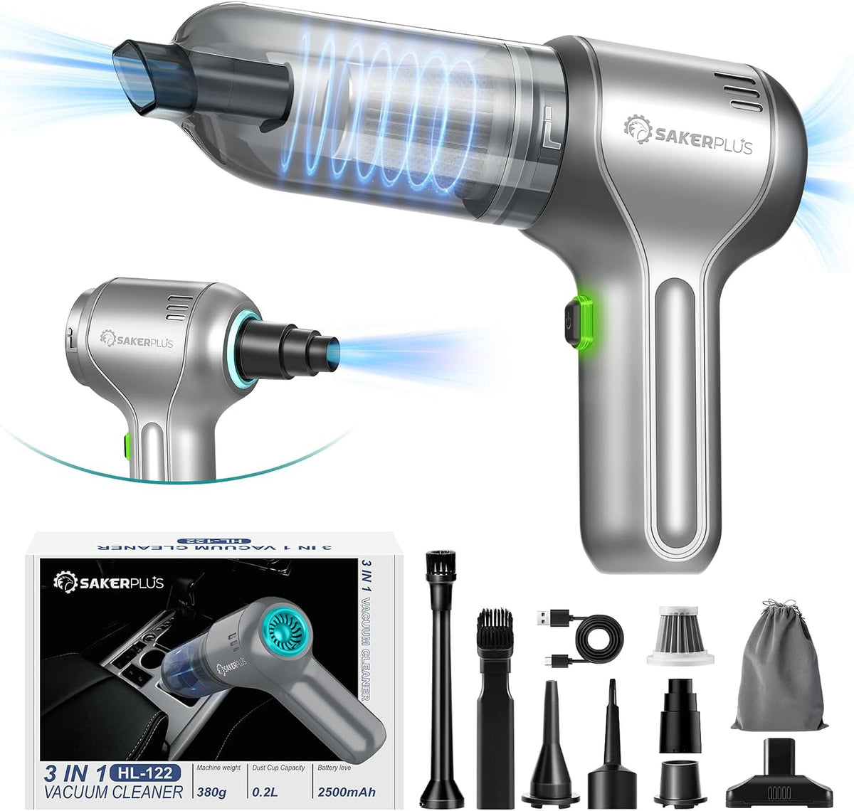 Aspiradora de Coche SakerPlus - Aspiradora de Mano Inalámbrica para Coches con Mejor Succión, Motor Sin Escobillas 12000PA de Máxima Potencia, Mini Aspiradora Portátil 3 en 1 Inalámbrica para Hogar
