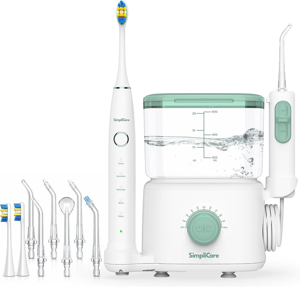 Combo de cepillo de dientes eléctrico con hilo dental de agua | Sistema de cuidado bucal de encimera 2 en 1 | 10 niveles de presión, 25-160 PSI | Tanque de 20 onzas, 6 puntas de chorro y 2