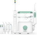 Combo de cepillo de dientes eléctrico con hilo dental de agua | Sistema de cuidado bucal de encimera 2 en 1 | 10 niveles de presión, 25-160 PSI | Tanque de 20 onzas, 6 puntas de chorro y 2