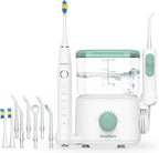 Combo de cepillo de dientes eléctrico con hilo dental de agua | Sistema de cuidado bucal de encimera 2 en 1 | 10 niveles de presión, 25-160 PSI | Tanque de 20 onzas, 6 puntas de chorro y 2