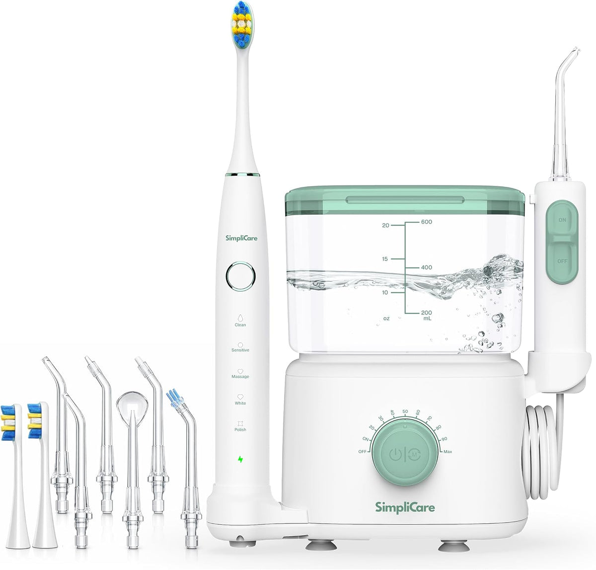 Combo de cepillo de dientes eléctrico con hilo dental de agua | Sistema de cuidado bucal de encimera 2 en 1 | 10 niveles de presión, 25-160 PSI | Tanque de 20 onzas, 6 puntas de chorro y 2