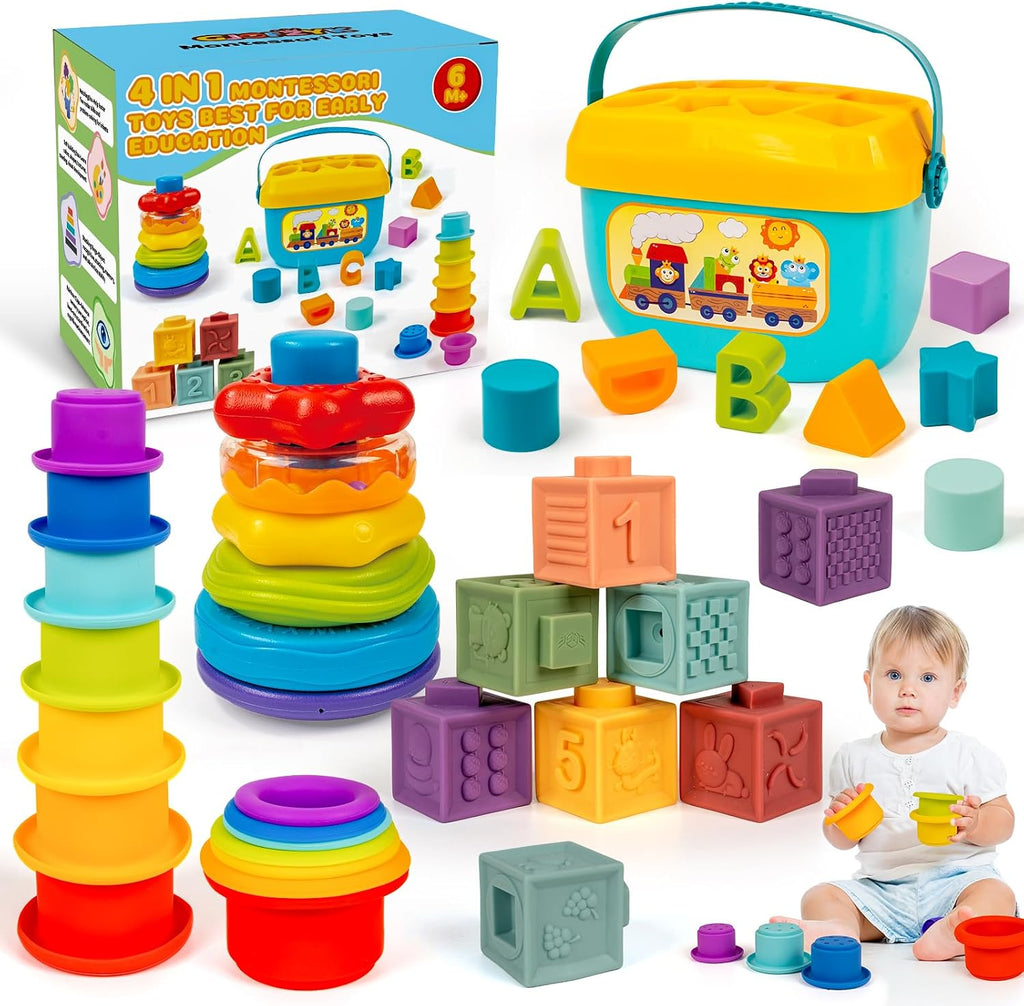 Montessori - Juguete para bebés de 6 a 12 meses, bloques apilables, clasificador de formas de juguete