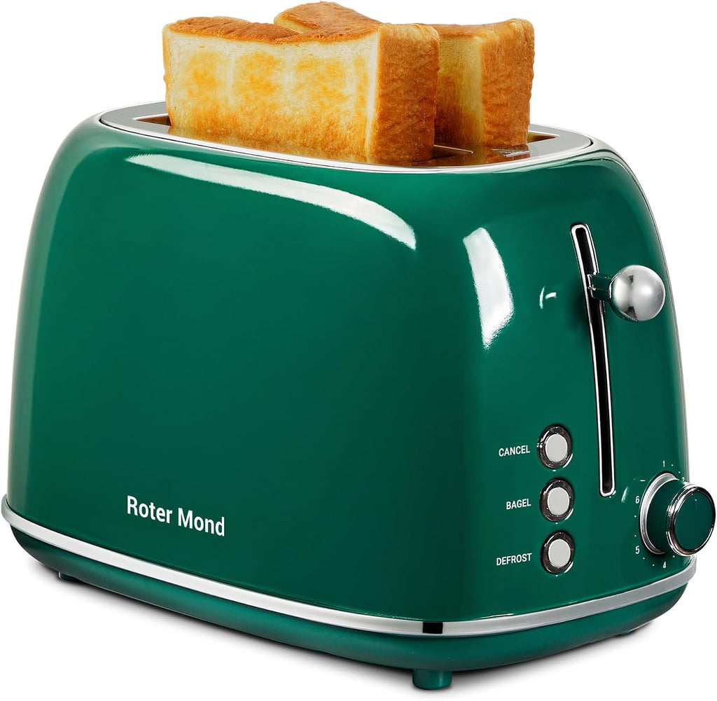 Roter Mond Tostadora de 2 rebanadas, de acero inoxidable, retro, con función de bagel, cancelar y descongelar, 6 ajustes de tostado de pan, ranuras extra anchas y bandeja de migas extraíble, Verde