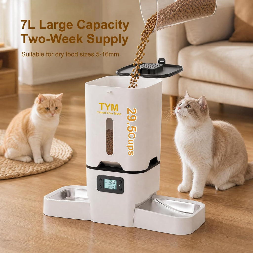 Comedero Automático para Gatos 2 Gatos, Dispensador de alimento seco de 7L con Bol de Doble