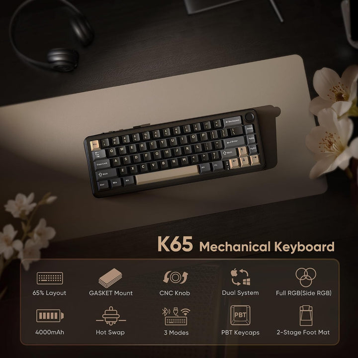 RedThunder Teclado mecánico inalámbrico K65, perilla CNC, Tri-modo...