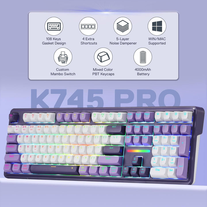 Redragon K745 PRO Teclado de juego inalámbrico con junta RGB, tecla...