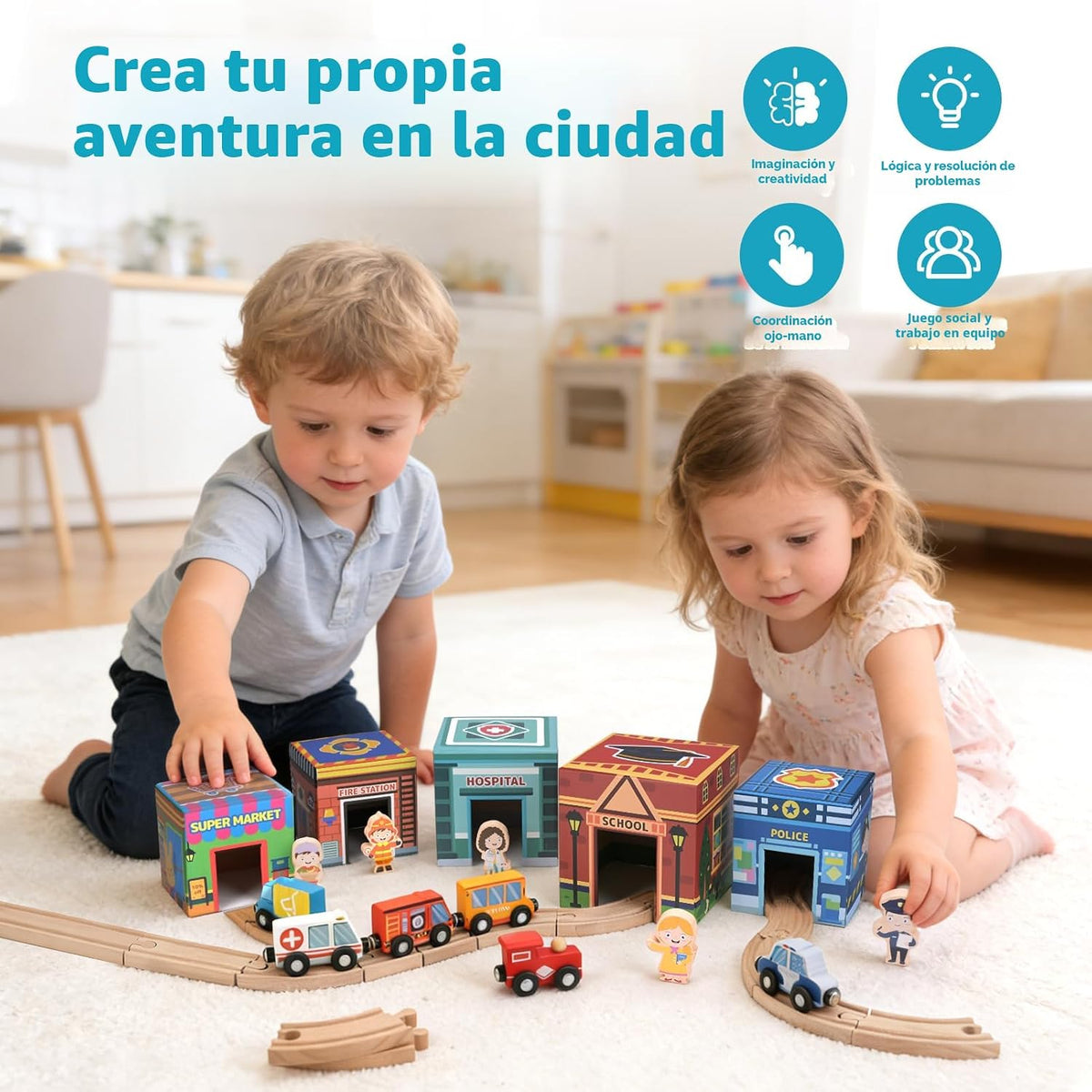 Juego completo de tren de madera para niños, pistas de tren de madera