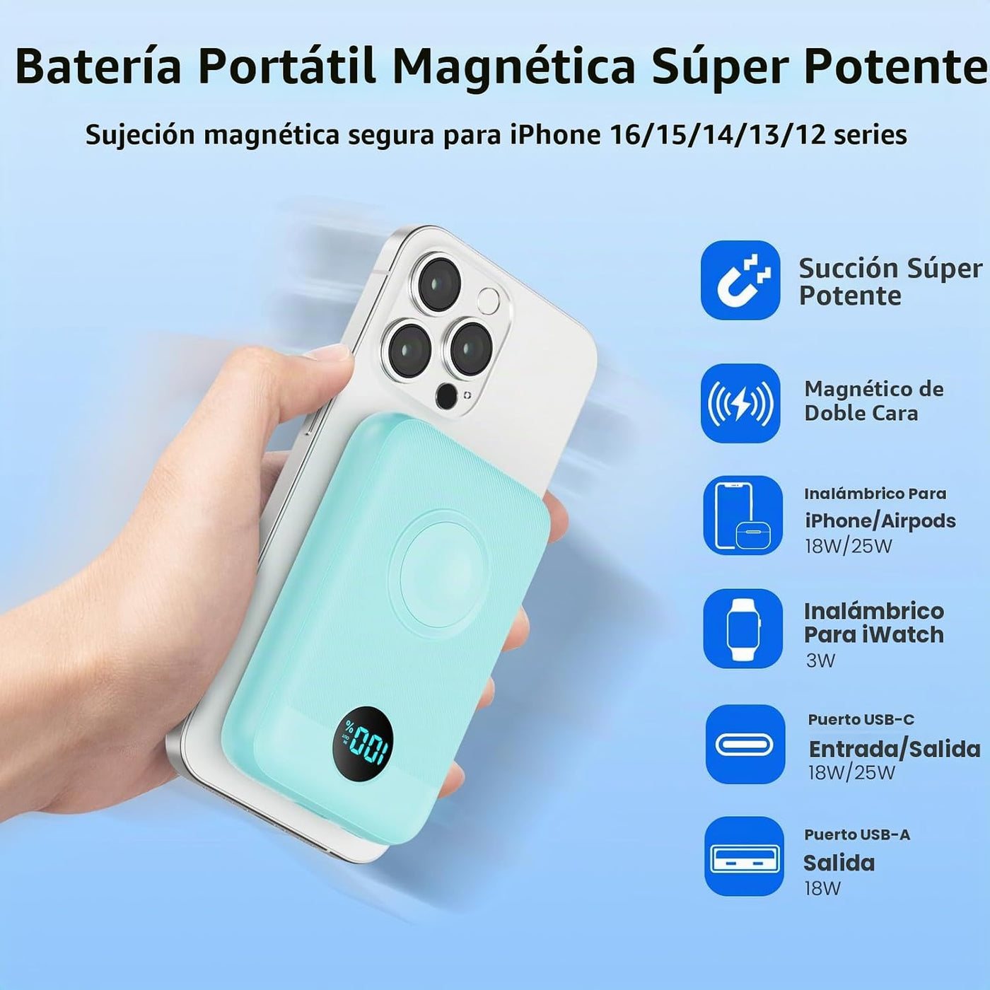 Cargador portátil magnético para iPhone y Apple Watch, 12000 mAh, 2...