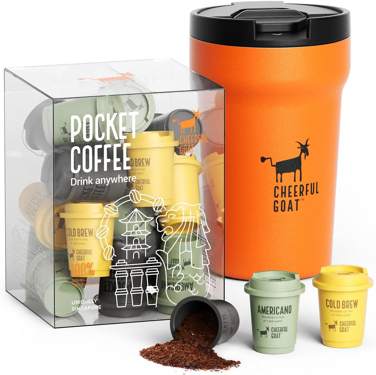 CHEERFUL GOAT Instant Cold Brew Coffe - Taza de viaje de café con forro de cerámica, café de bolsillo especial 100% arábica, liofilizado para una máxima frescura, sin azúcar, sin aditivos, L