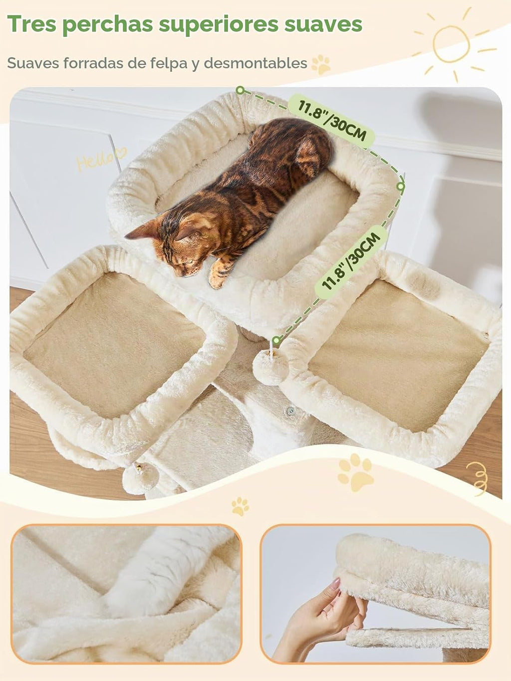 Taoqimiao Árbol para Gatos Alto, 76In Torre para Gatos Grandes, 3 Plataformas Acolchadas
