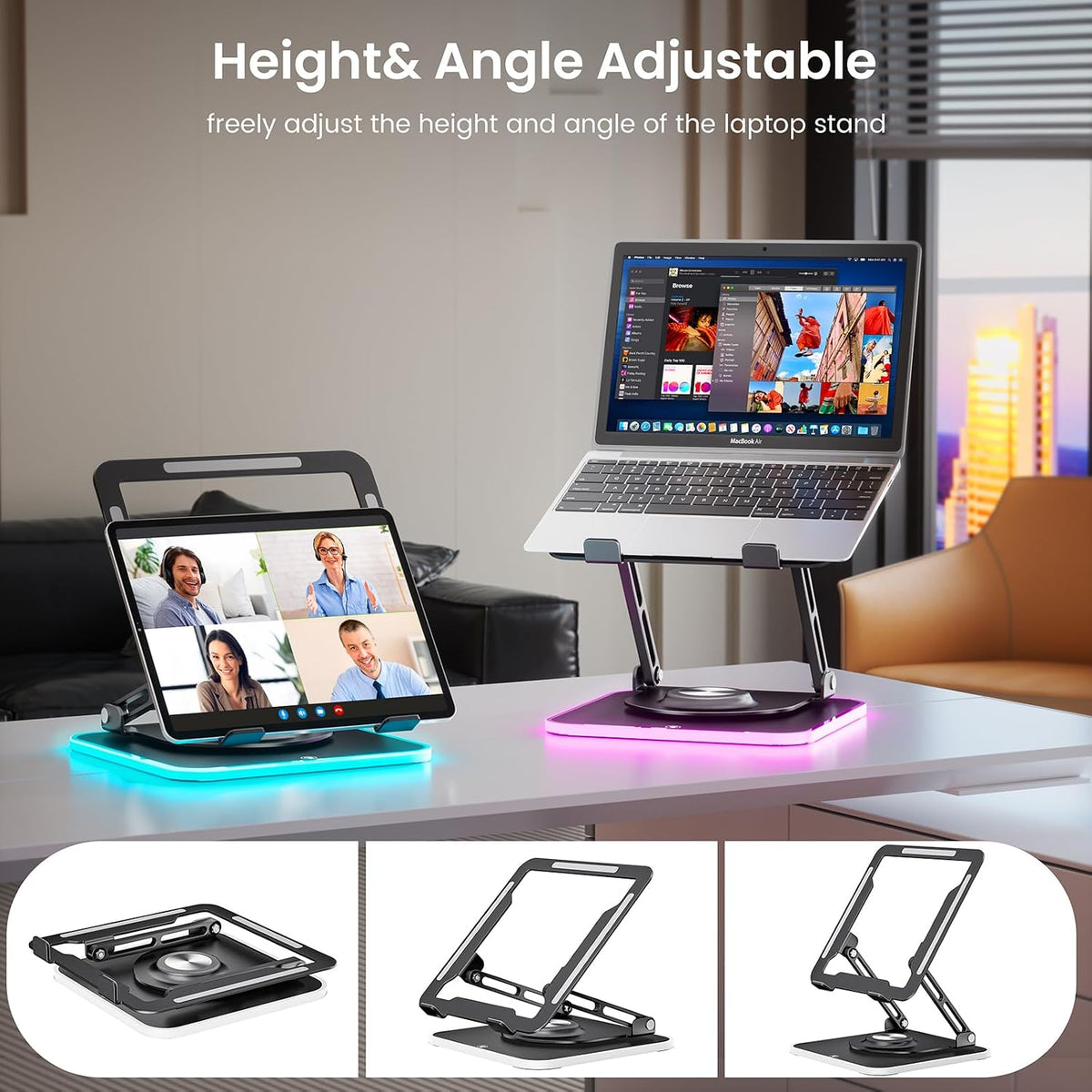 JOYEKY Adjustable Laptop Stand con RGB Lighting,Aluminum Ergonomic Computer Stand con 360° Rotating Base,Foldable & Portable Laptop Riser, Suitable para All 10-16” Laptops (negro)