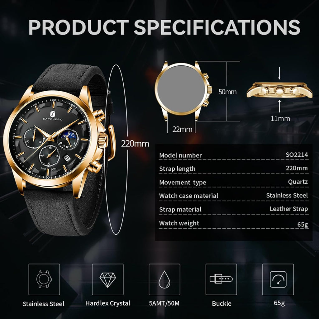 SAPPHERO Relojes cronógrafos para hombre, reloj analógico de acero inoxidable casual original para negocios, 50M, impermeable, luminoso, con esfera de fecha, regalo para hombre