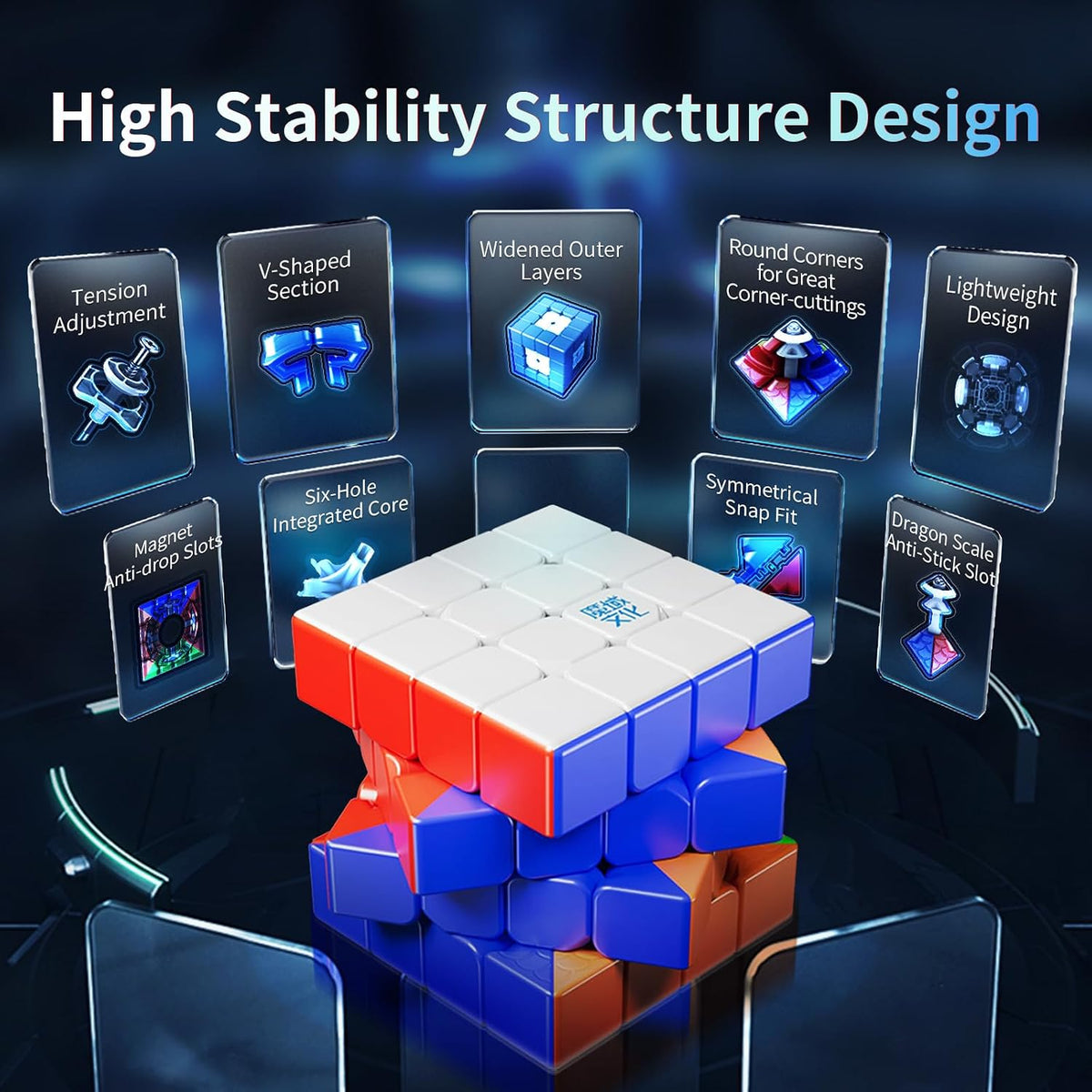 Moyu Aosu V7 4x4 - Cubo magnético sin adhesivo con revestimiento UV, cubo Moyu Cube 4 por 4, edición insignia, 96 imanes, diseño antiadherente, elástico ajustable, cubo magnético (revestimiento UV)