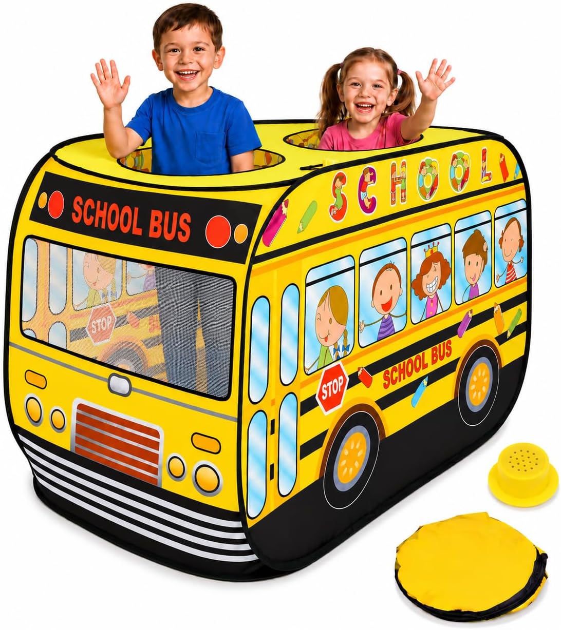 Playbees Tienda de campaña desplegable para autobús escolar musical con 3 aberturas, tienda de campaña para niños pequeños, interior y exterior, tiendas de campaña desplegables para niños, incluye