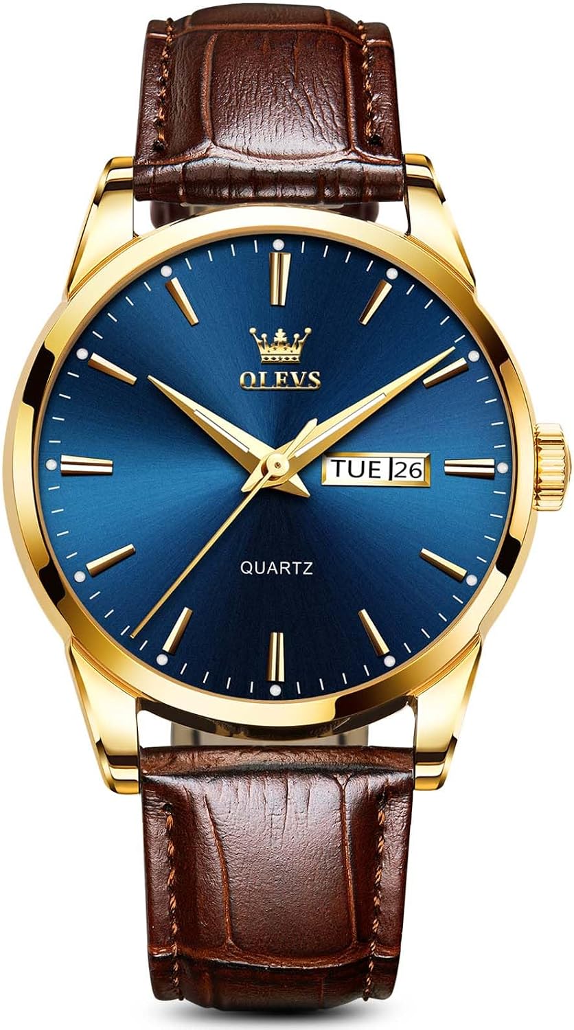 OLEVS Reloj de piel marrón para hombre, lectura elegante de vestir, reloj de pulsera con fecha diaria, cuarzo