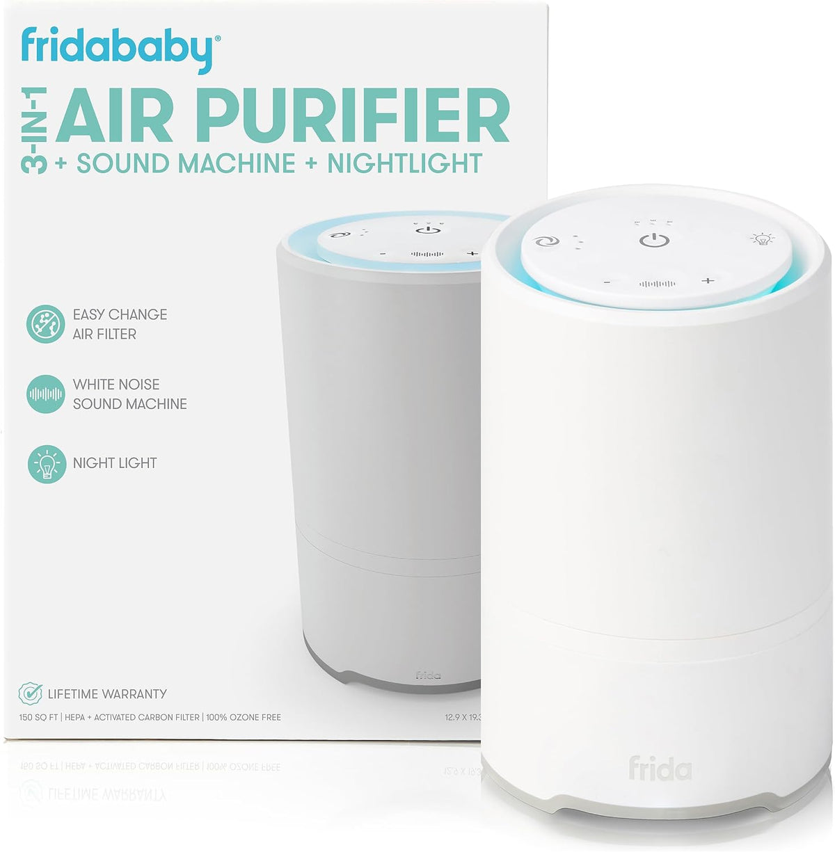 Frida Baby 3-en-1 Purificador de Aire para Bebés para Alivio de Alergias, Máquina de Sonido para Dormir + Luz Nocturna, Purificador con Filtro HEPA para Dormitorio con 3 Velocidades de Ventilador