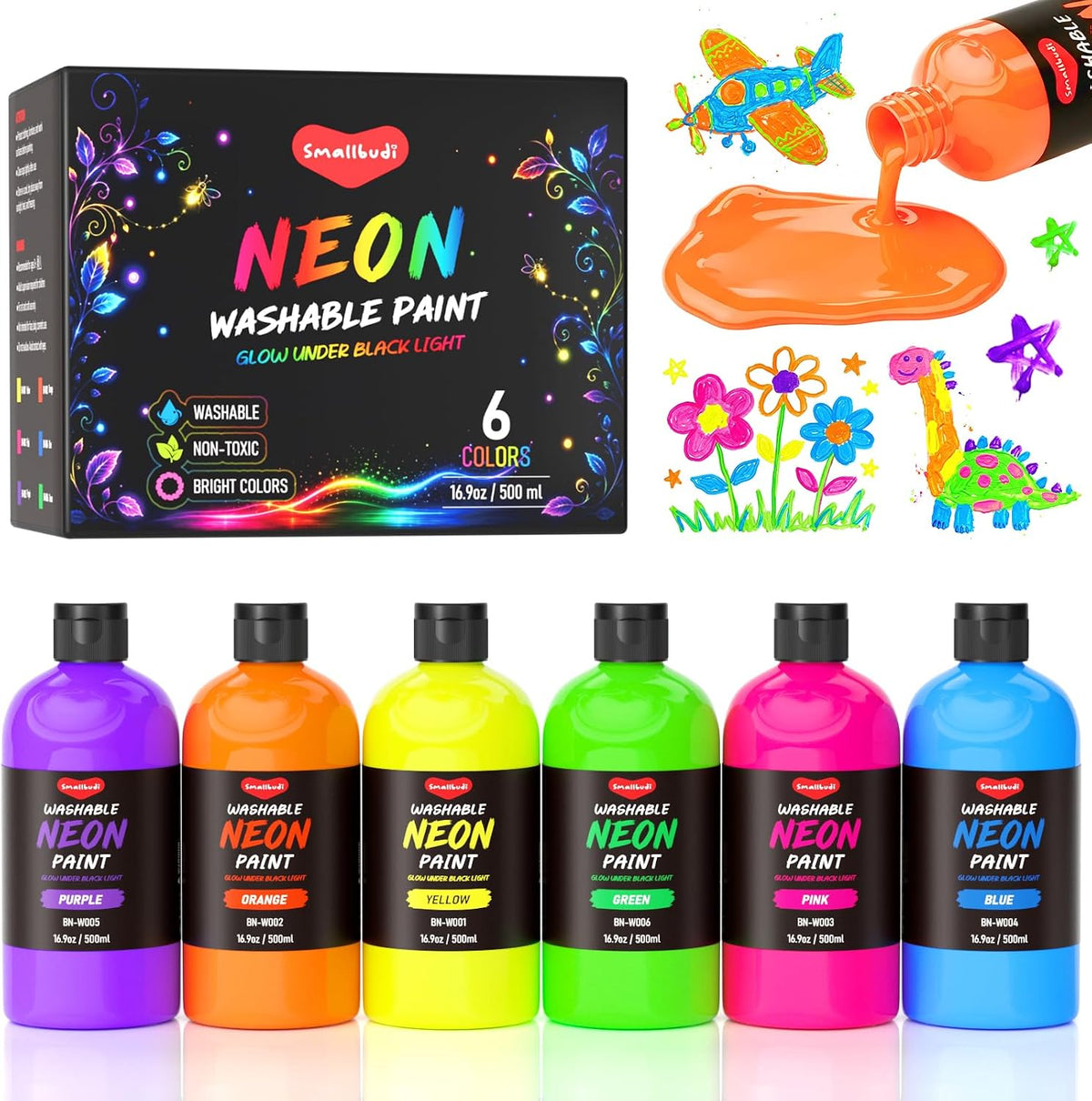 Juego de pintura lavable de neón grande para niños, 6 colores