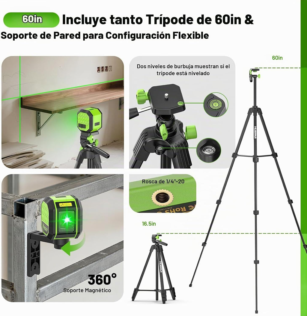 Huepar - Nivel láser con trípode de 60 pulgadas, 100 pies, autonivelante, nivel láser, recargable, línea cruzada, verde, herramienta para colgar imágenes, azulejos, renovación del hogar, bolsa de