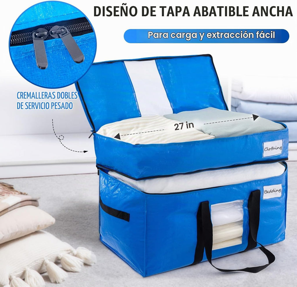 TAILI - Bolsas de mudanza extra grandes con 2 niveles, paquete de 4 bolsas azules resistentes para almacenamiento con ventana visible, asas envolventes, almacenamiento y ahorro de espacio