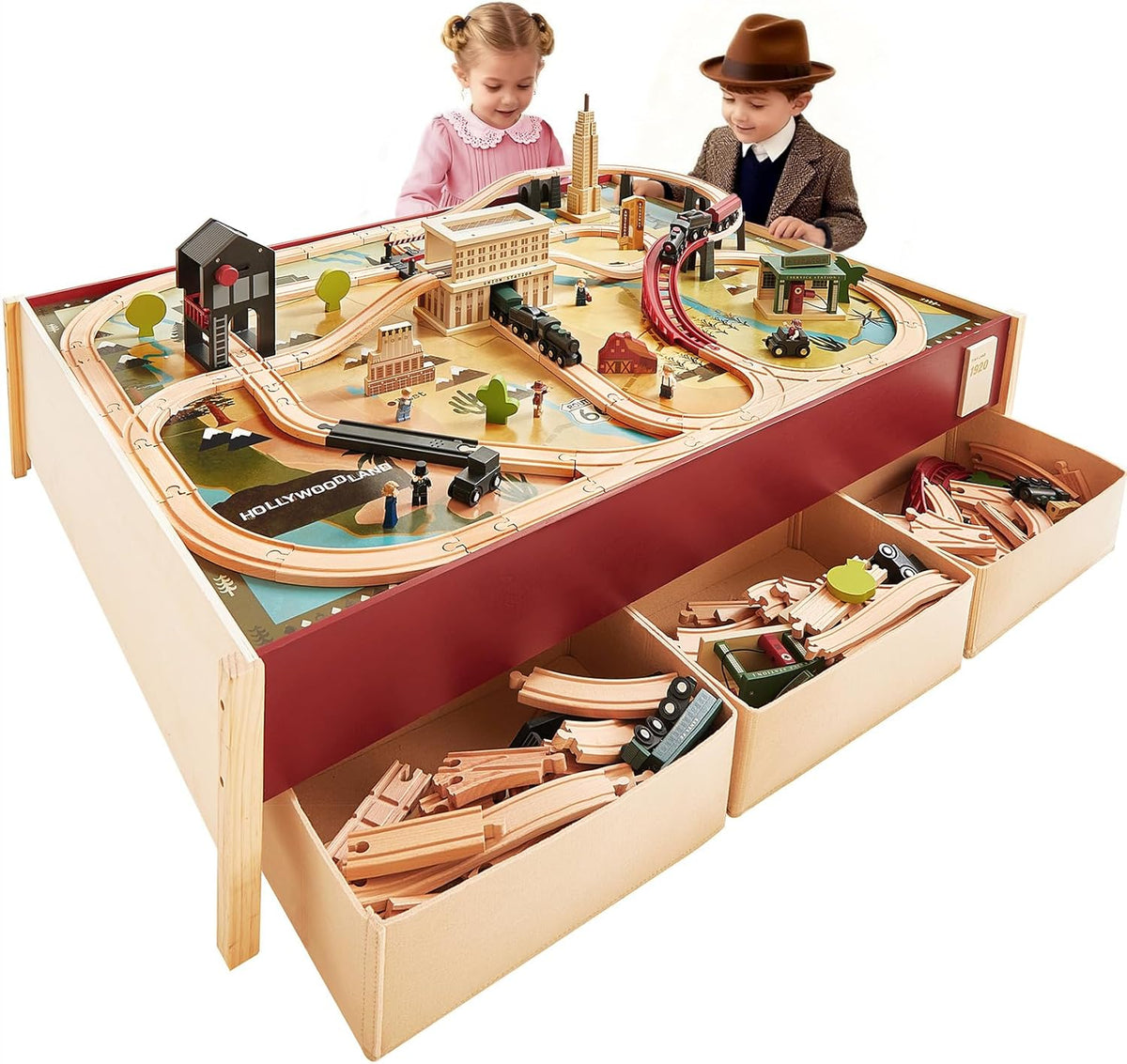 Tiny Land - Mesa de tren grande de madera (47.9 x 35.2 pulgadas) con juego de tren de 104 piezas