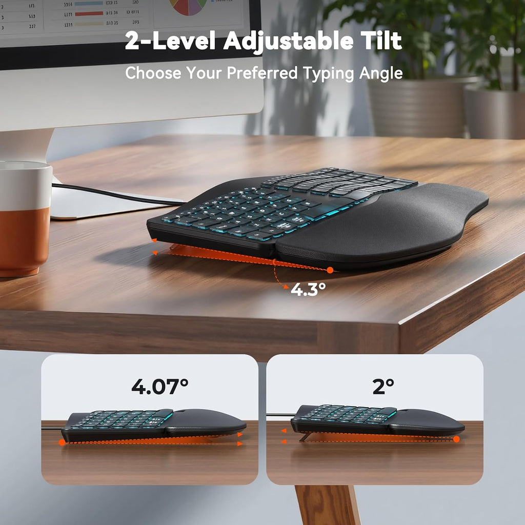 MEETION Teclado ergonómico con cable con teclas retroiluminadas y