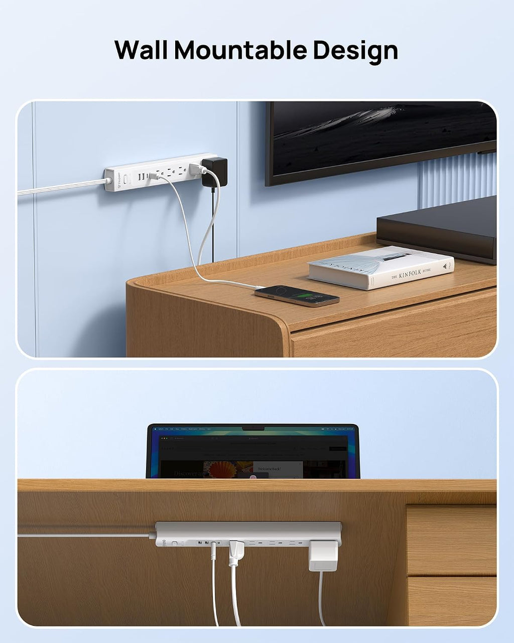 TROND - Tira de alimentación con protector de sobretensiones, enchufe plano giratorio 360°, 5 contactos ampliamente espaciados con 2 USB C y 2 USB A, protector de sobretensiones 1440J, montaje en
